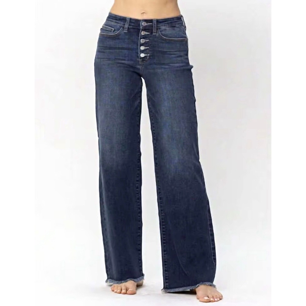 Judy Blue High Rise Wide Leg Jeans Size 16W Frayed Hem Button Fly Stretch